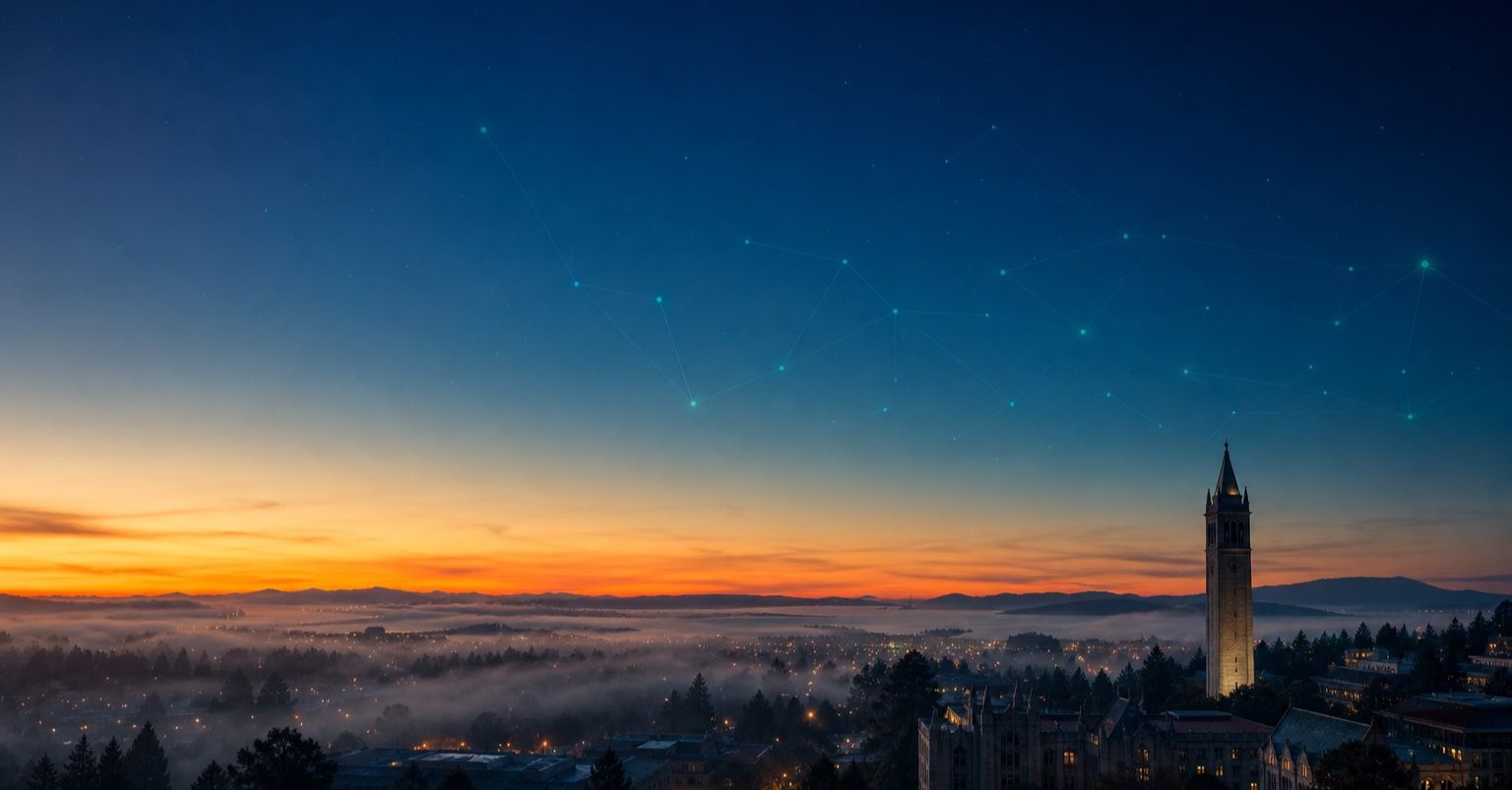A cinematic dawn over a hilltop university campus — a bell tower silhouetted against a navy sky, an amber sunrise spilling across mist-shrouded hills, and a faint cyan constellation grid drifting through the night air above the quad.