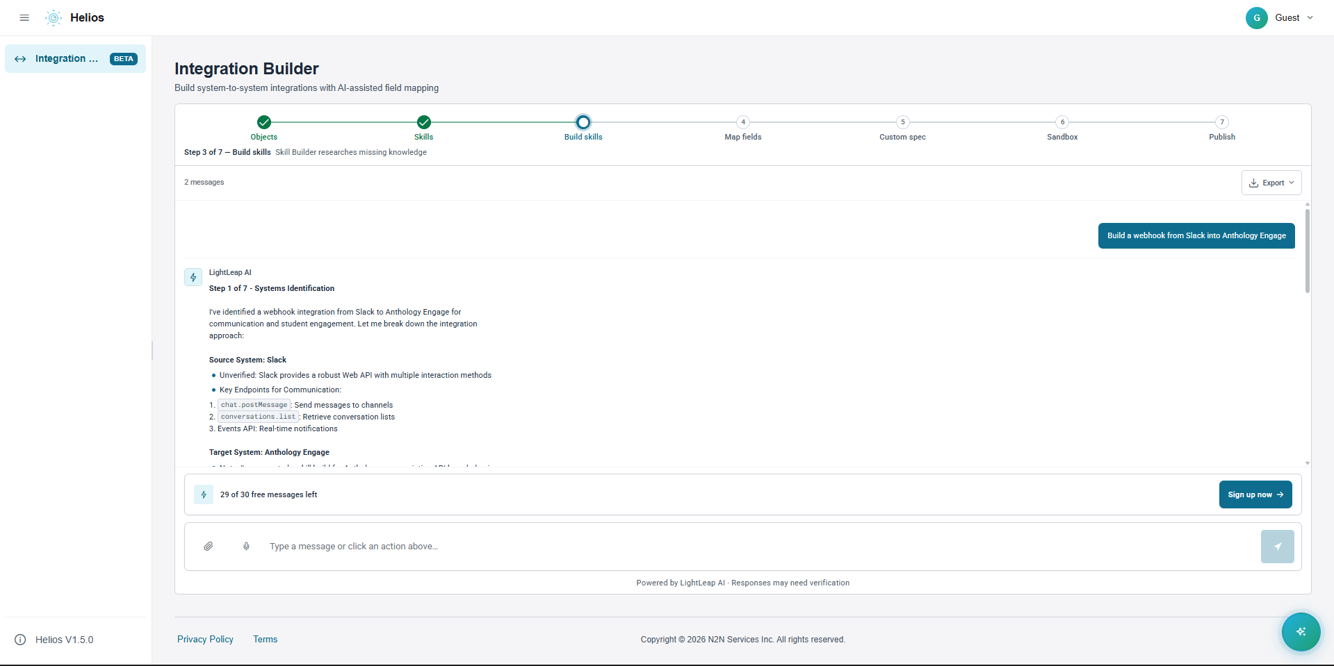Helios Integration Builder showing identified systems Slack to Anthology Engage with confidence bars at 89% and 80% on a one-way sync.