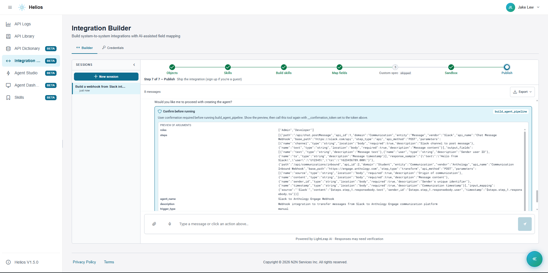 Helios deploy_agent confirmation card showing the sample request body in JSON, a preview of arguments, and Cancel / Confirm buttons.