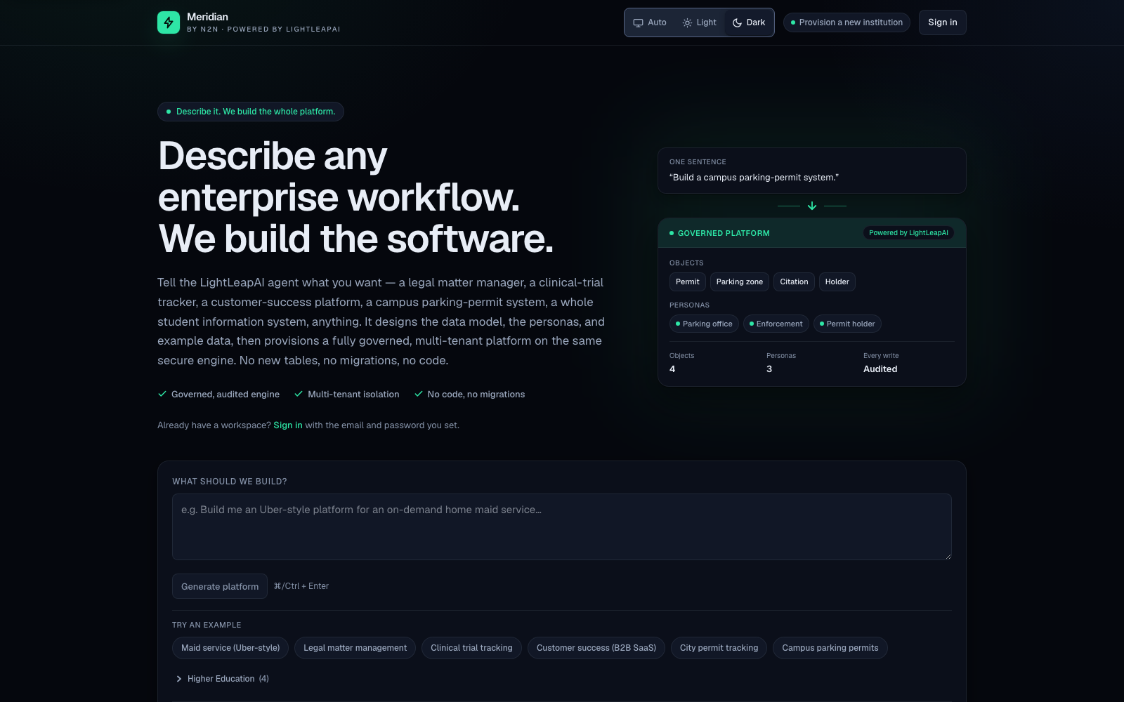 Meridian templates picker — pick a template or describe your own application in plain language; no sign-in required.