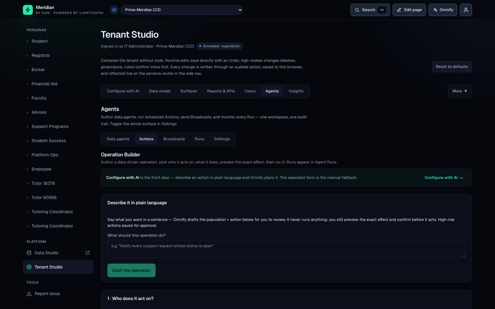 Meridian Business Workflow Studio — a plain-language automation lowered into a governed AutomationDef with visible triggers, conditions, and effects.