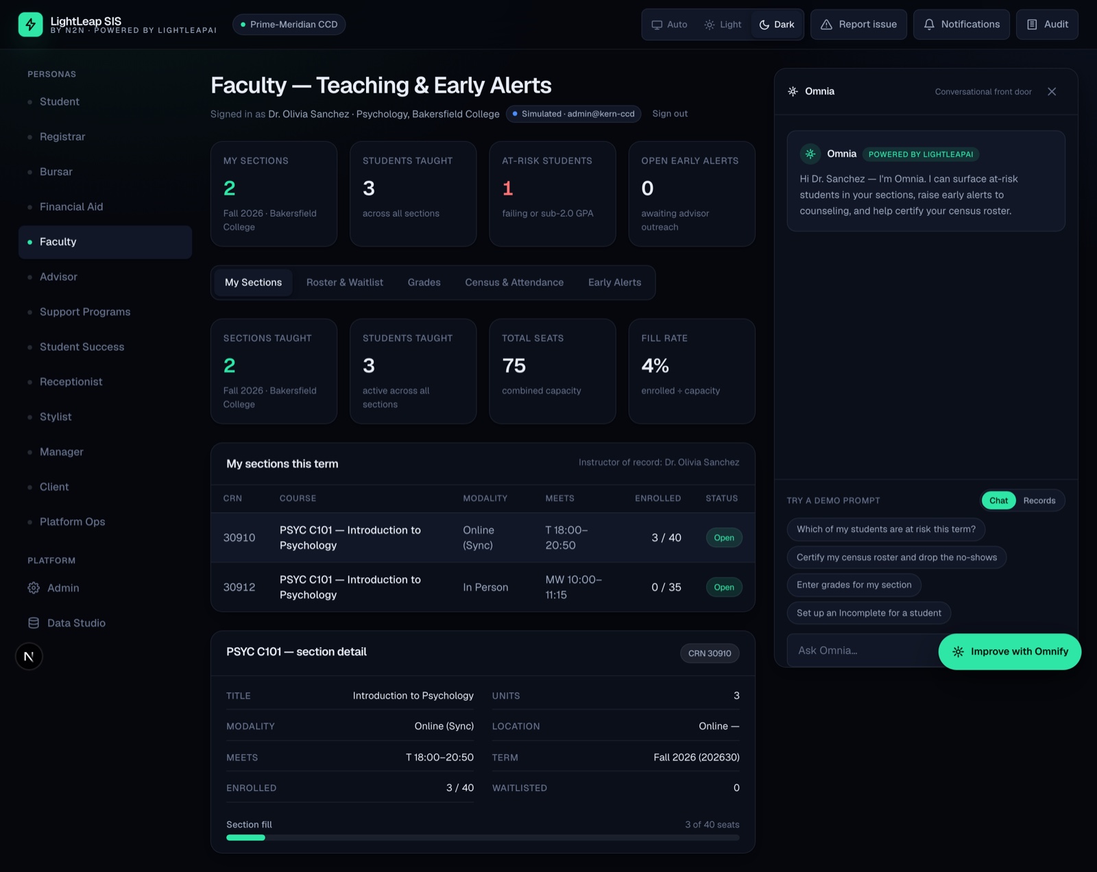 The Faculty persona overview — sections, roster, and grade-entry surfaces inside Meridian, with an early-alert action.