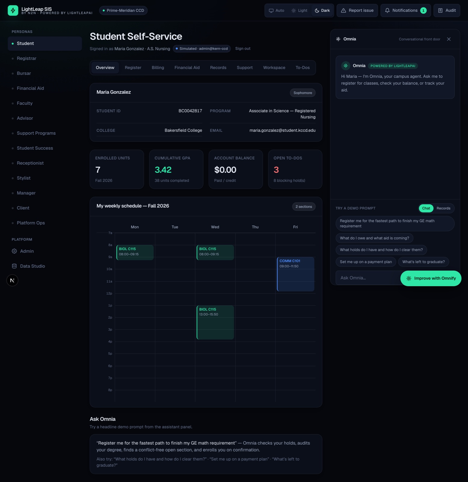 The Student persona overview — a course-catalog page inside Meridian with real registration workflows.