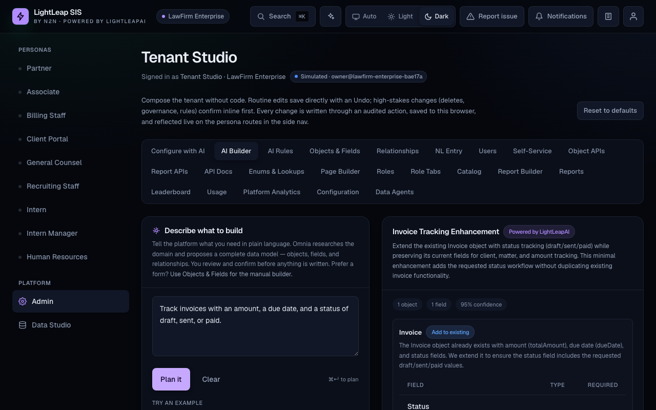 Meridian Tenant Studio AI Builder — a plain-language prompt produces a proposed Invoice Tracking enhancement with objects, fields, and a 95% confidence score, powered by LightLeapAI.