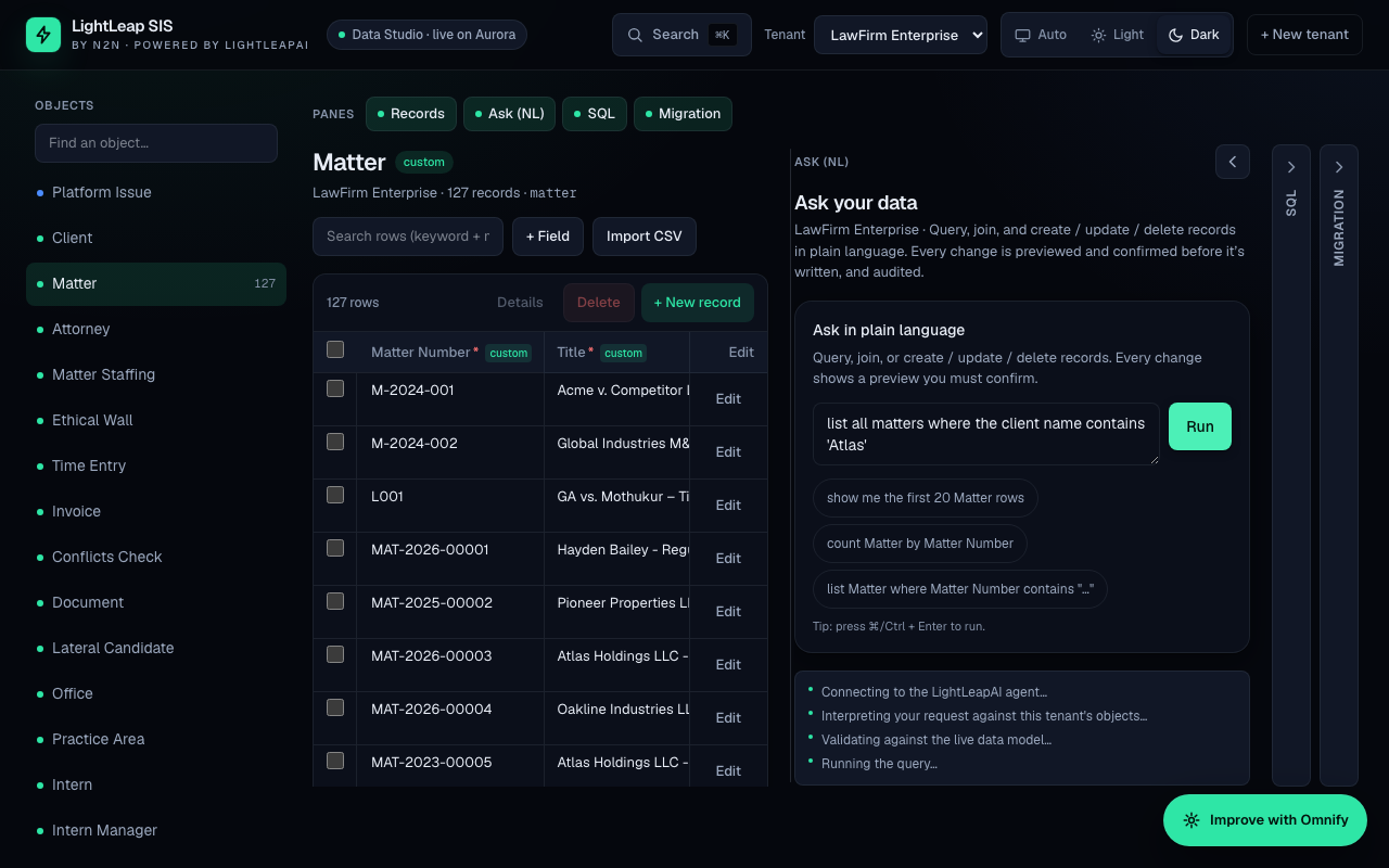 Meridian Data Studio — a natural-language 'Ask your data' pane beside a live records grid of 127 Matter rows, live on AWS Aurora.