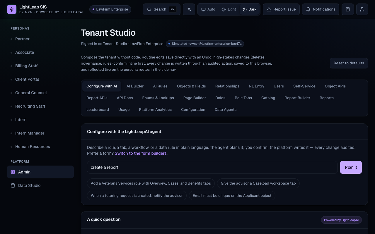 Meridian 'Configure with the LightLeapAI agent' — a plain-language box to create a report or add a role, with the agent planning the change for confirmation.
