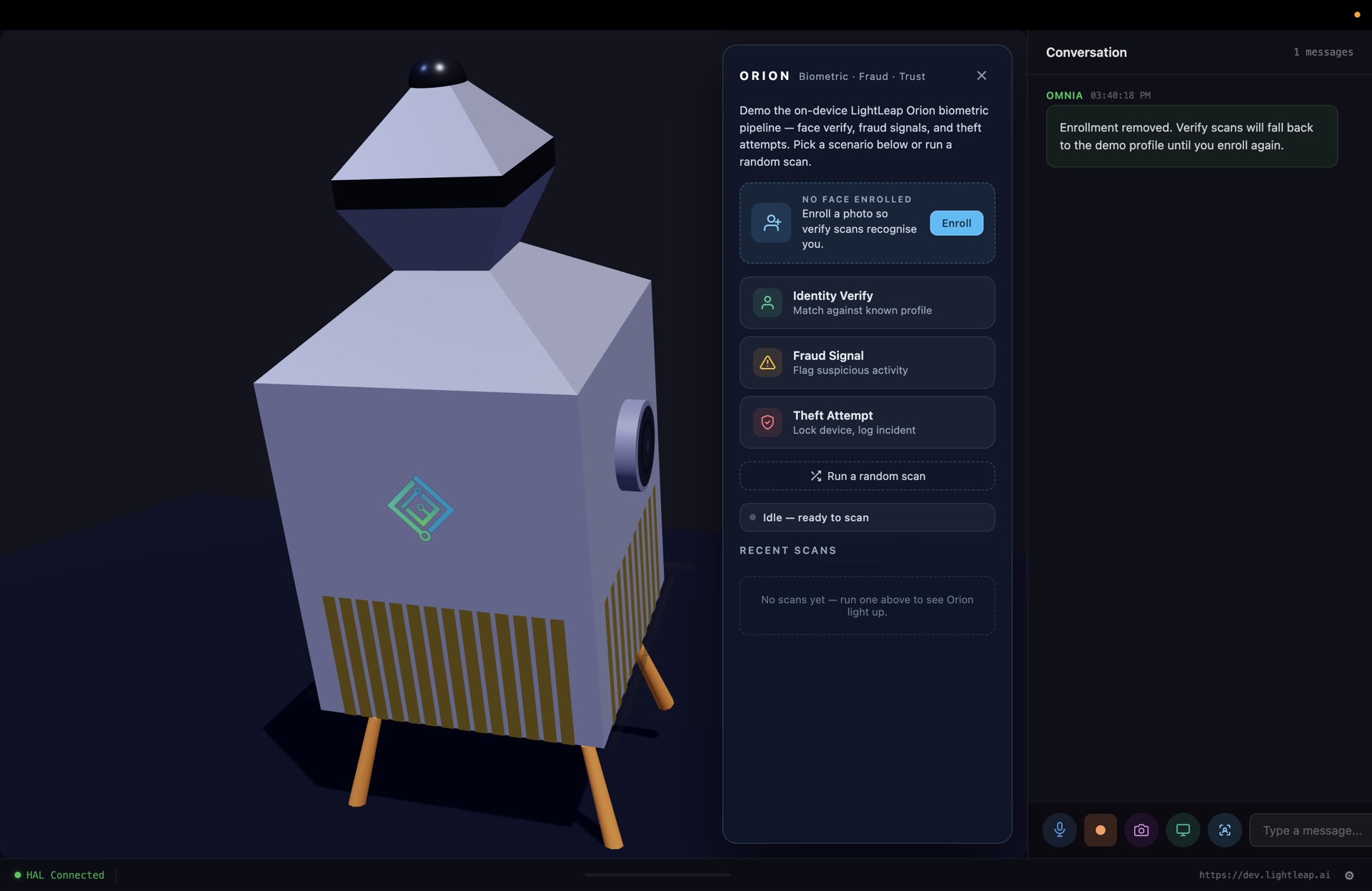Omnia device next to the ORION pane with cards for Identity Verify, Fraud Signal, and Theft Attempt, and a "Run a random scan" button — the LightLeap Orion biometric pipeline running on-device.