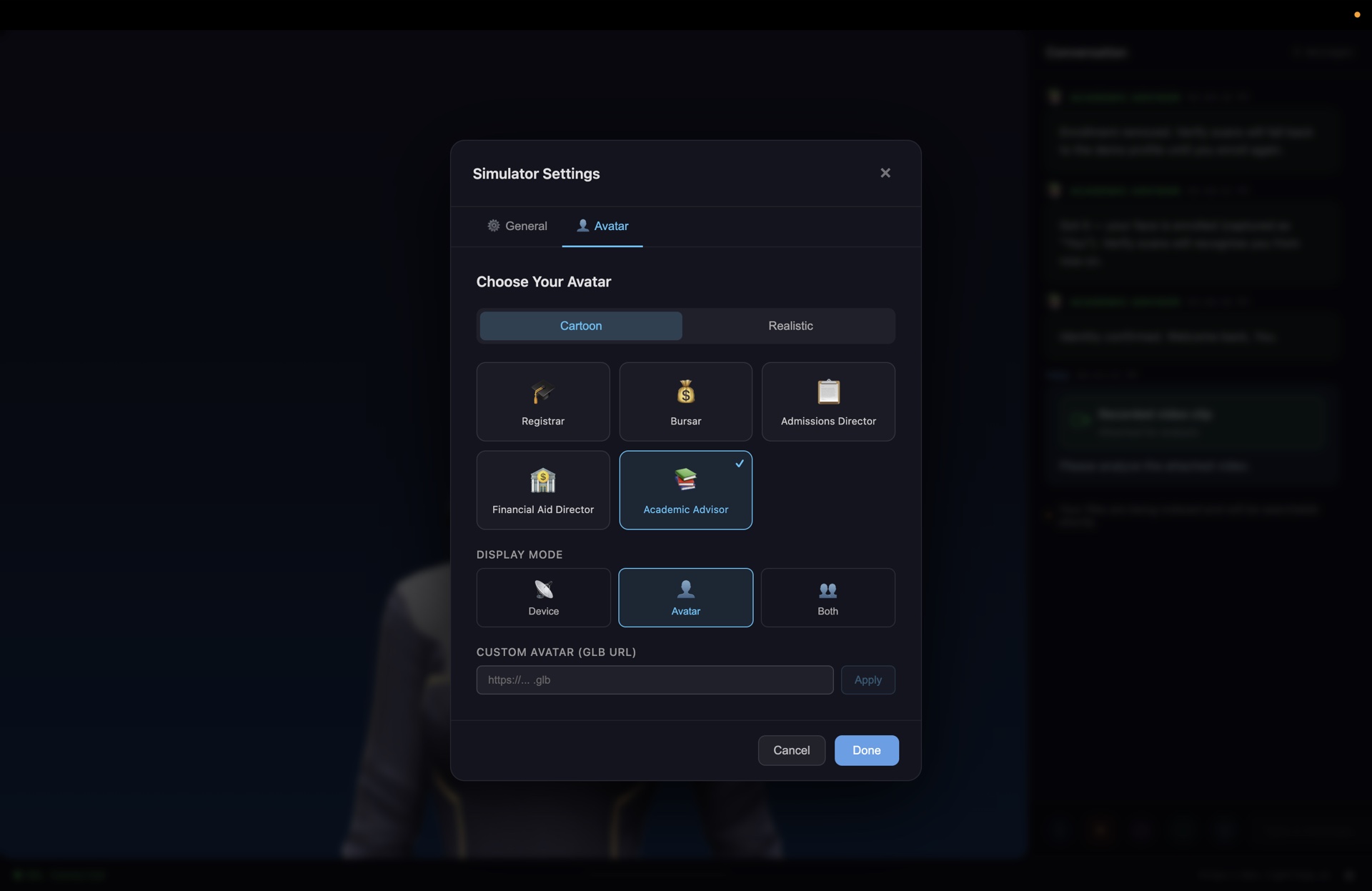 Omnia Simulator Settings dialog with the Avatar tab selected, a 2x3 grid of persona cards (Registrar, Bursar, Admissions Director, Financial Aid Director, Academic Advisor) and Display Mode buttons for Device, Avatar, and Both.