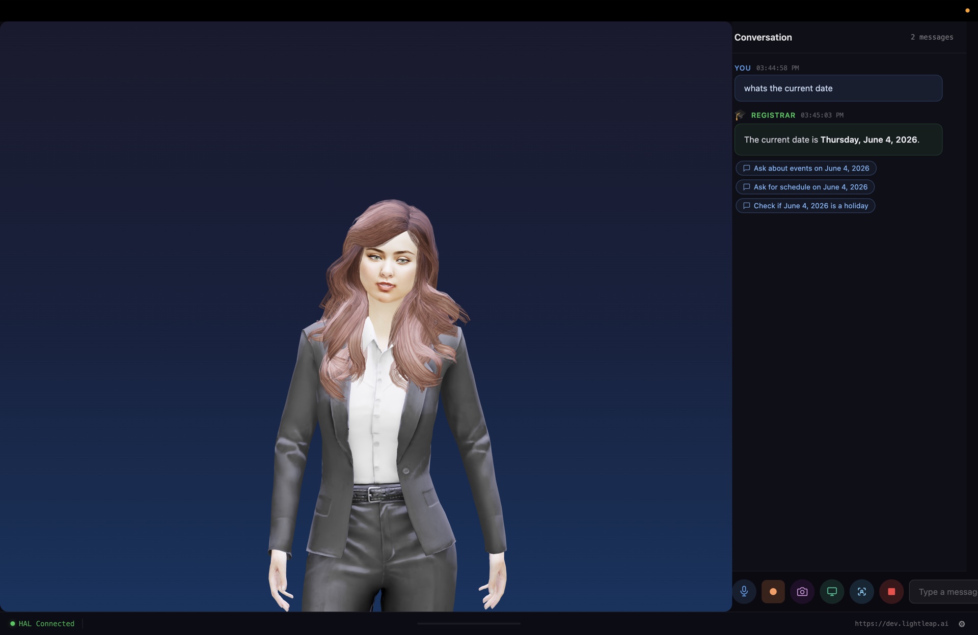 The same Omnia avatar with a Conversation panel showing the student asking "whats the current date" and the Registrar persona replying "The current date is Thursday, June 4, 2026" plus three quick-reply chips.