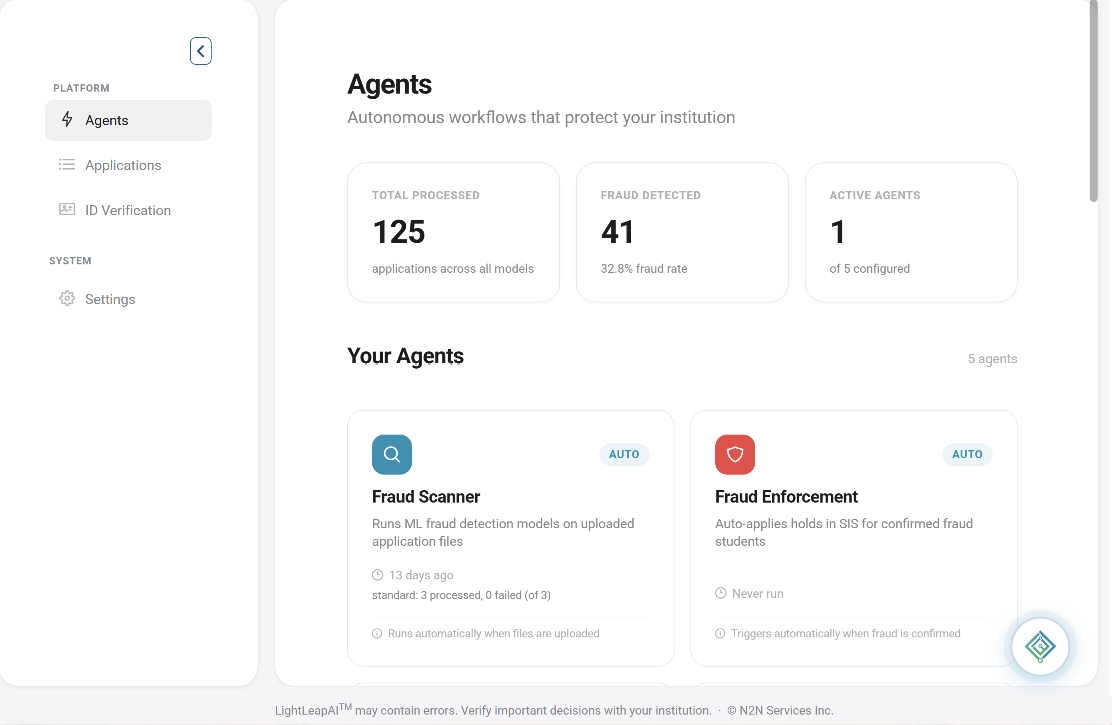 Orion Agents dashboard with three KPI cards (125 total processed, 41 fraud detected, 1 active agent of 5) and two agent cards: Fraud Scanner running ML on uploaded files and Fraud Enforcement auto-applying holds in SIS.