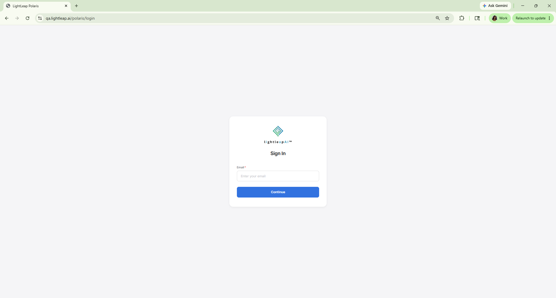 Polaris sign-in screen with the LightLeapAI mark and an email field. URL bar reads qa.lightleap.ai/polaris/login.
