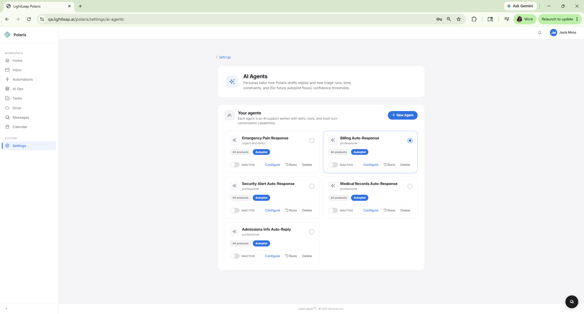 Polaris AI Agents settings showing six agent cards: Emergency Pain Response, Billing Auto-Response, Security Alert Auto-Response, Medical Records Auto-Response, and Admissions Info Auto-Reply.