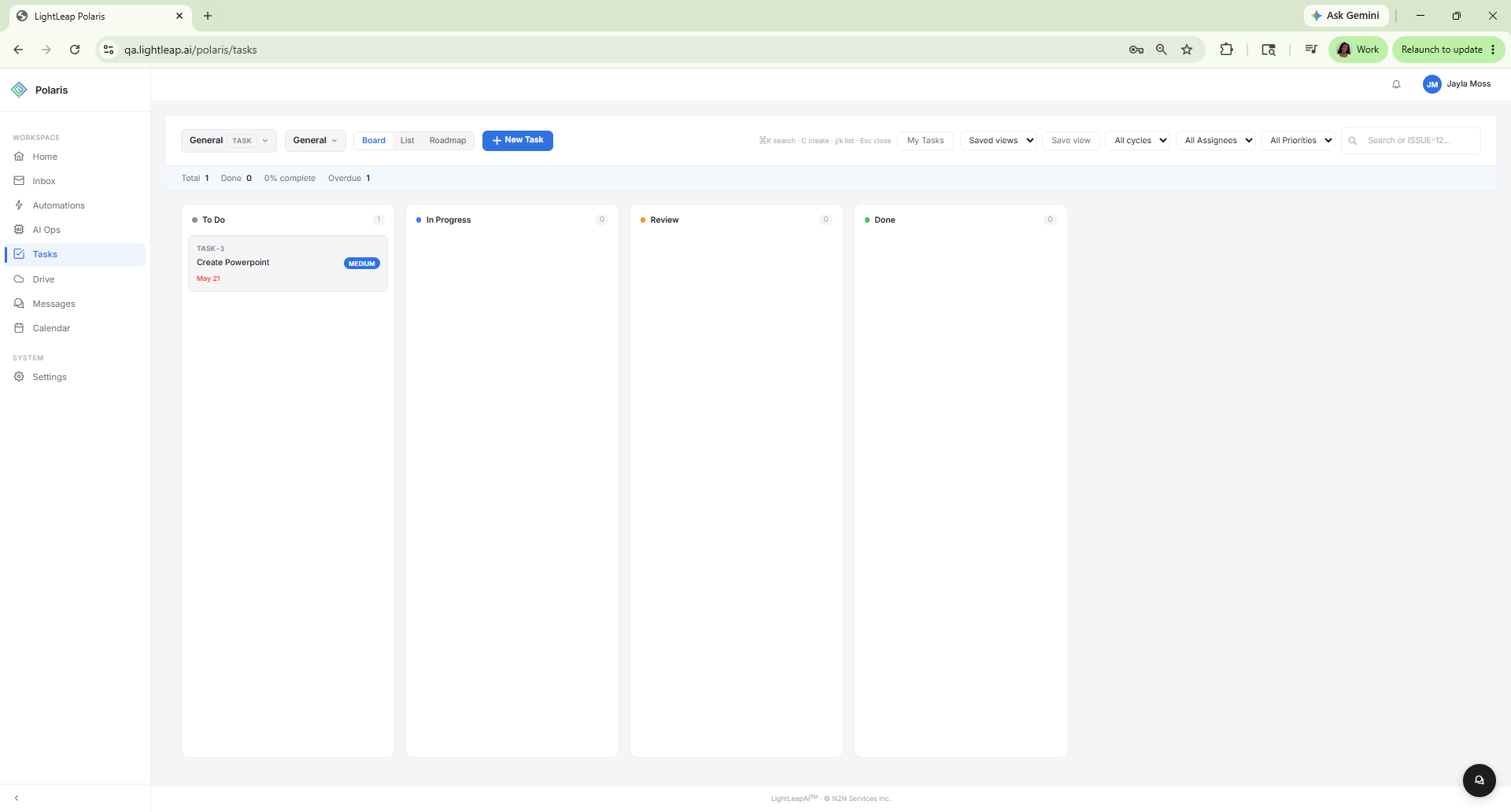 Polaris Tasks Kanban board with To Do, In Progress, Review, and Done columns and one task card for Create Powerpoint due May 21.