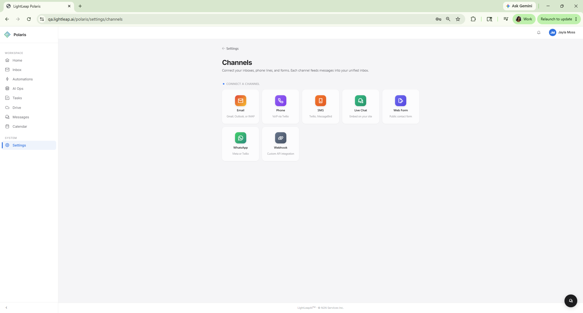 Polaris Channels settings showing connector tiles for Email, Phone, SMS, Live Chat, Web Form, WhatsApp, and Webhook.