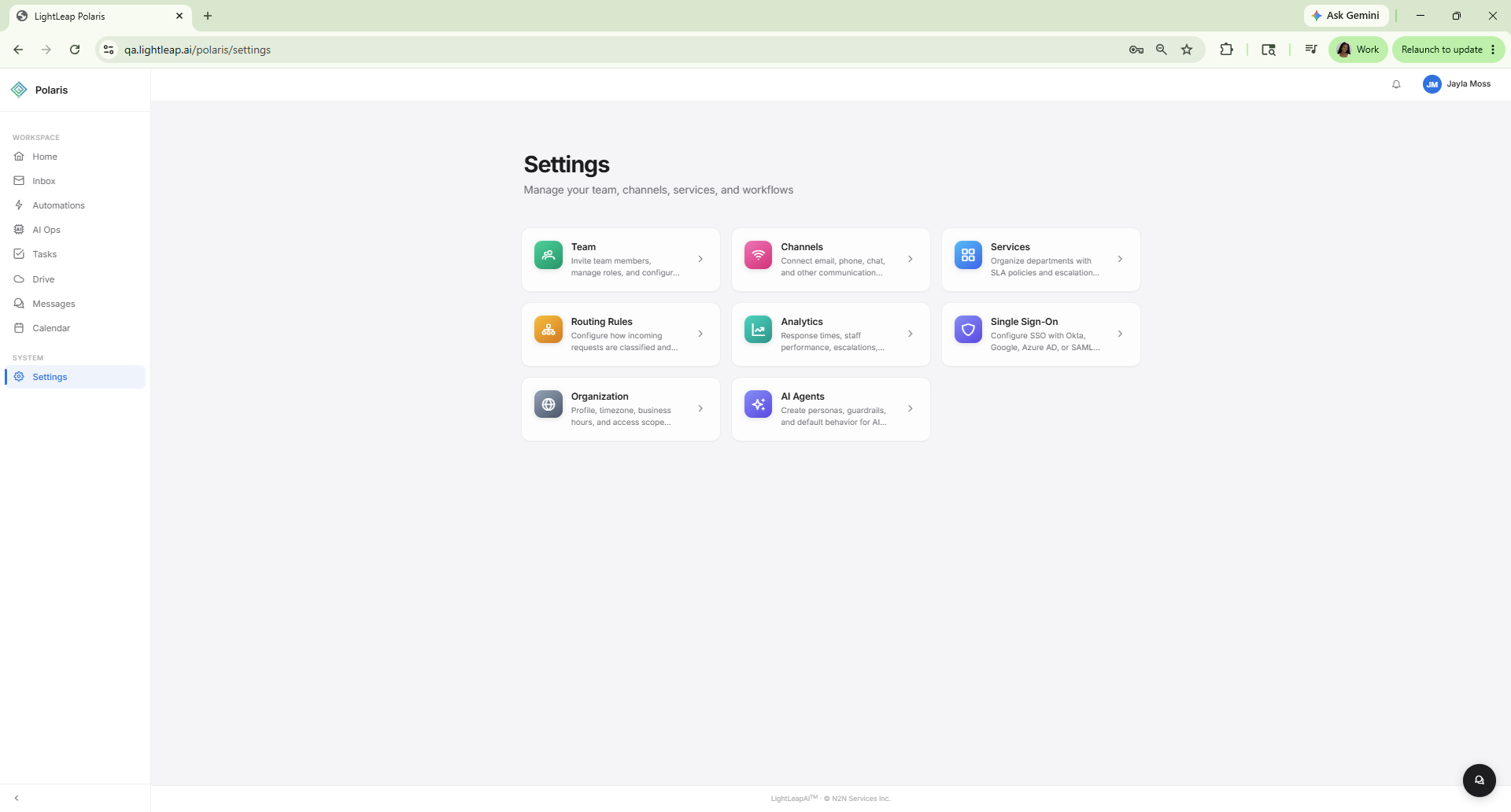 Polaris Settings hub with eight cards: Team, Channels, Services, Routing Rules, Analytics, Single Sign-On, Organization, AI Agents.