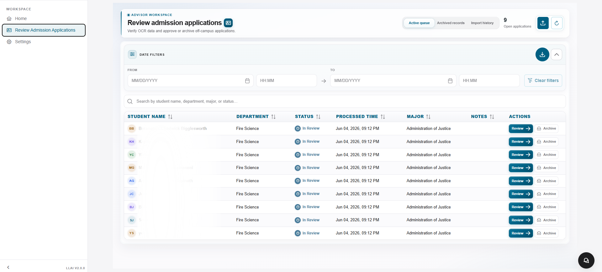 Prism Review Admissions Applications screen showing nine applicants with student name, department, status In Review, processed time, major, and Review and Archive action buttons.