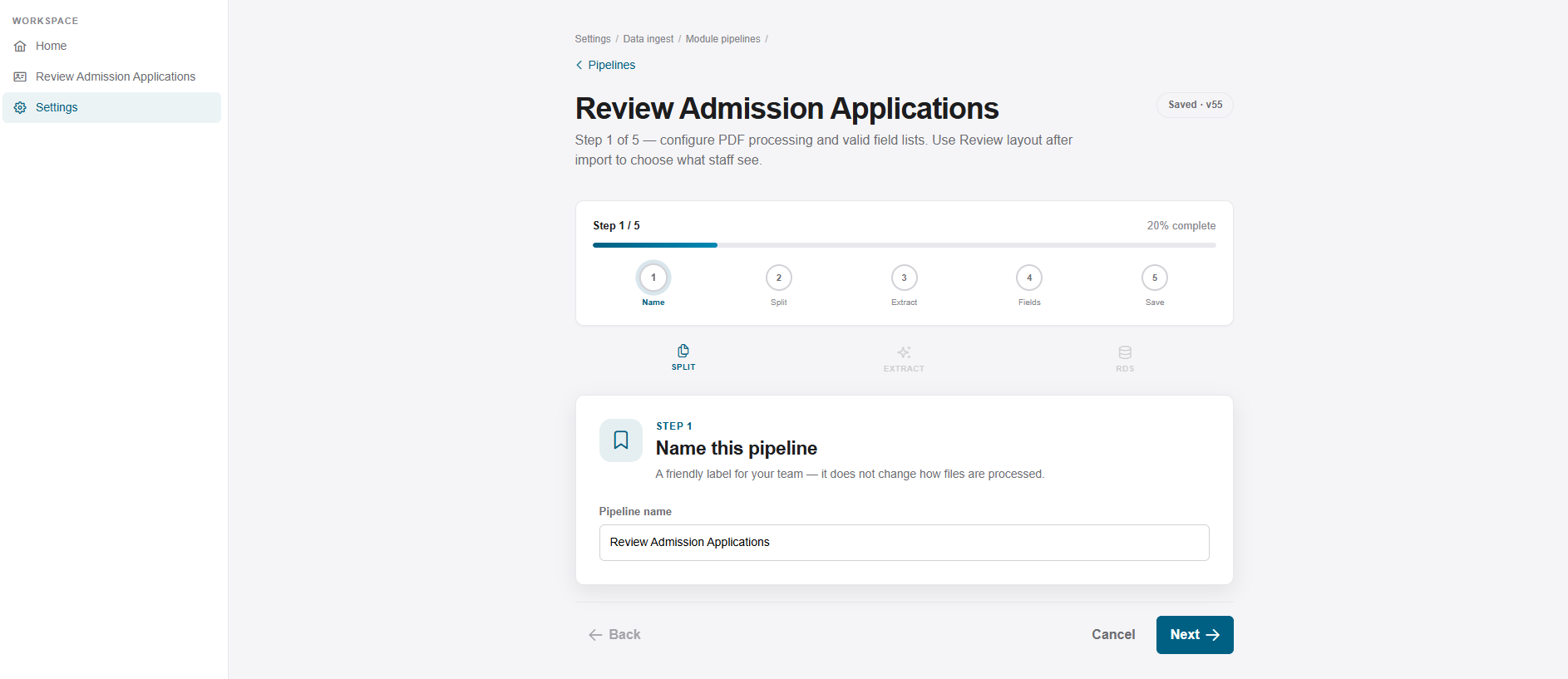 Prism Review Admission Applications pipeline wizard at Step 1 of 5 with progress bar and a Pipeline name field.
