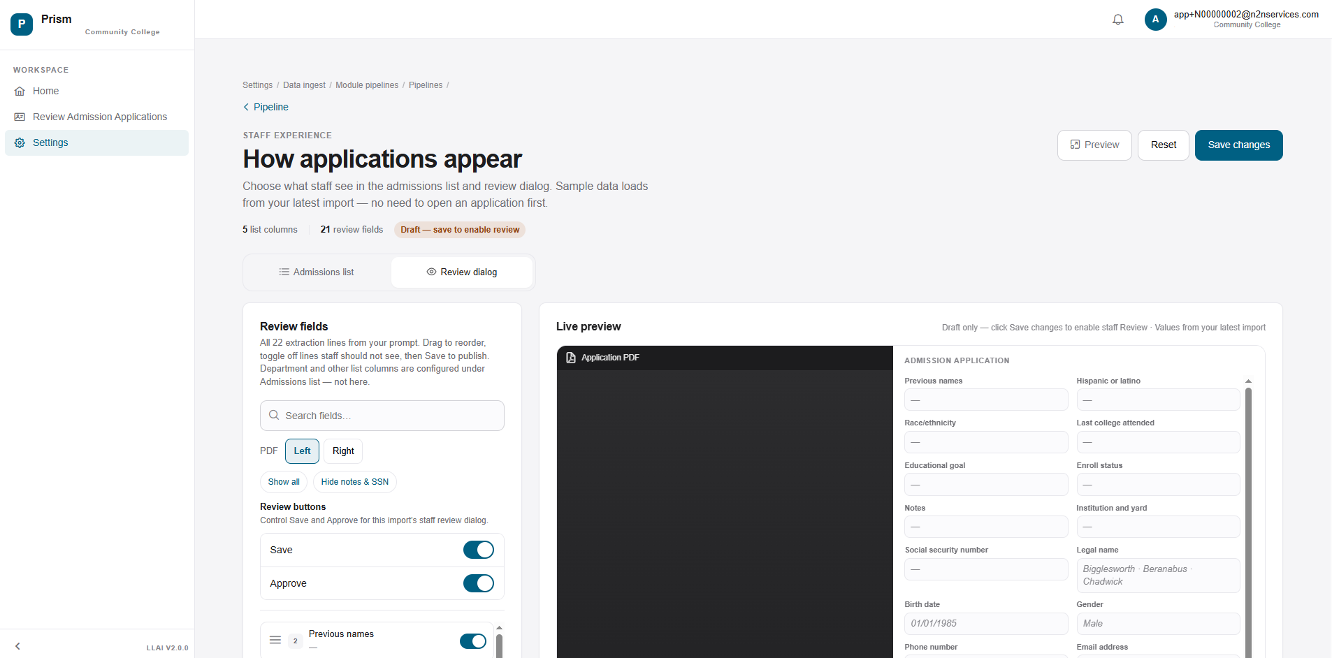 Prism staff experience configuration with review fields list on the left, drag handles, toggles for PDF/Left/Right layout, and a live preview of the review dialog on the right showing the actual application data.