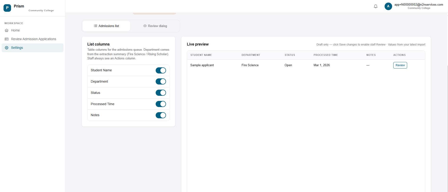 Prism list-columns settings on the left with Student Name, Department, Status, Processed Time, and Notes toggles, and a live preview of the resulting admissions queue table on the right.