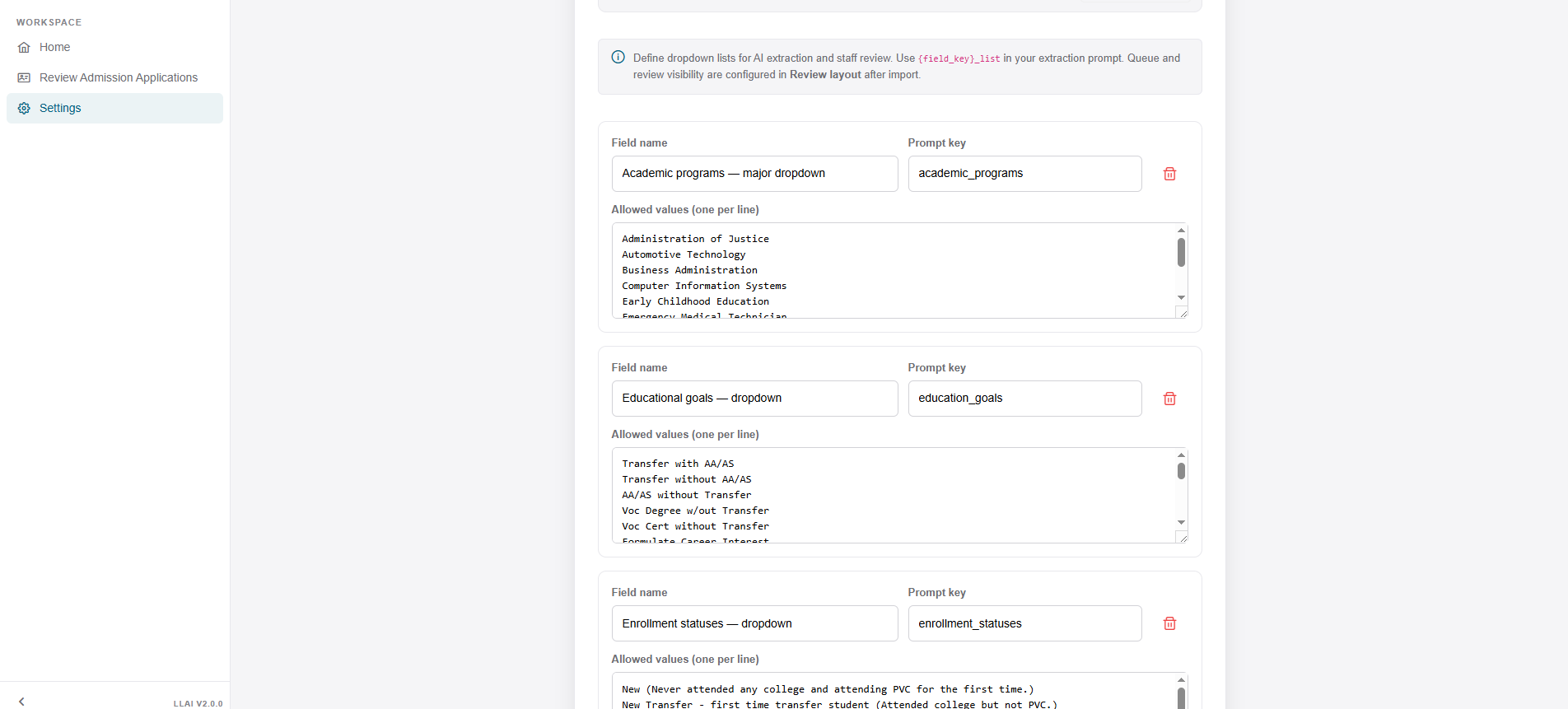 Prism extraction-prompts editor showing two dropdown fields, Academic programs and Educational goals, each with a field name, a prompt key, and a textarea of allowed values.